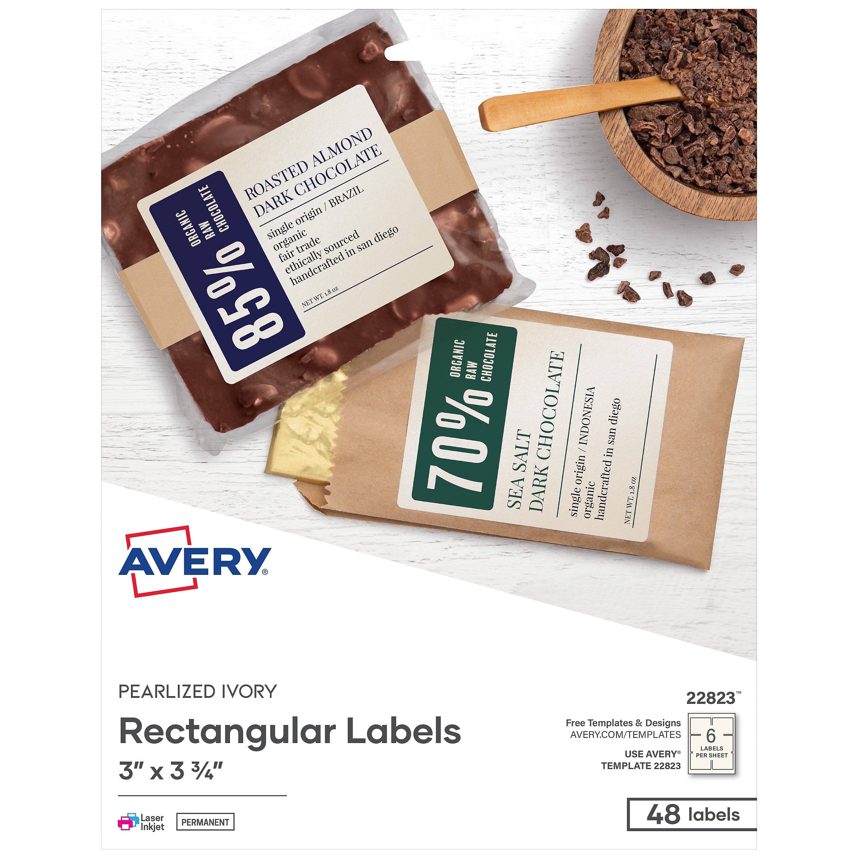 Avery Print-to-the-Edge Laser/Inkjet Labels, 3" x 3 3/4", Pearlized Ivory, 6 Labels/Sheet, 8 Sheets/Pack, 48 Labels/Pack