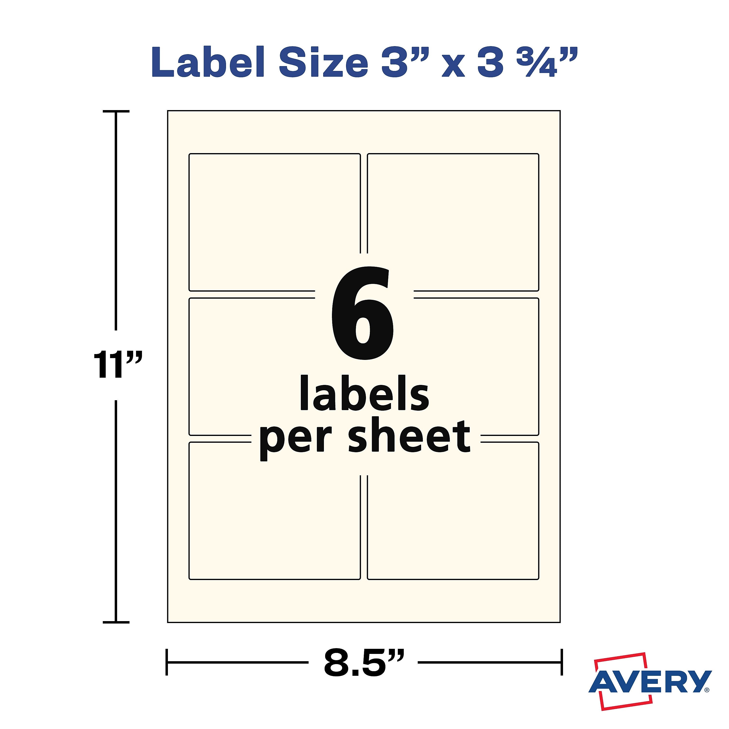 Avery Print-to-the-Edge Laser/Inkjet Labels, 3" x 3 3/4", Pearlized Ivory, 6 Labels/Sheet, 8 Sheets/Pack, 48 Labels/Pack