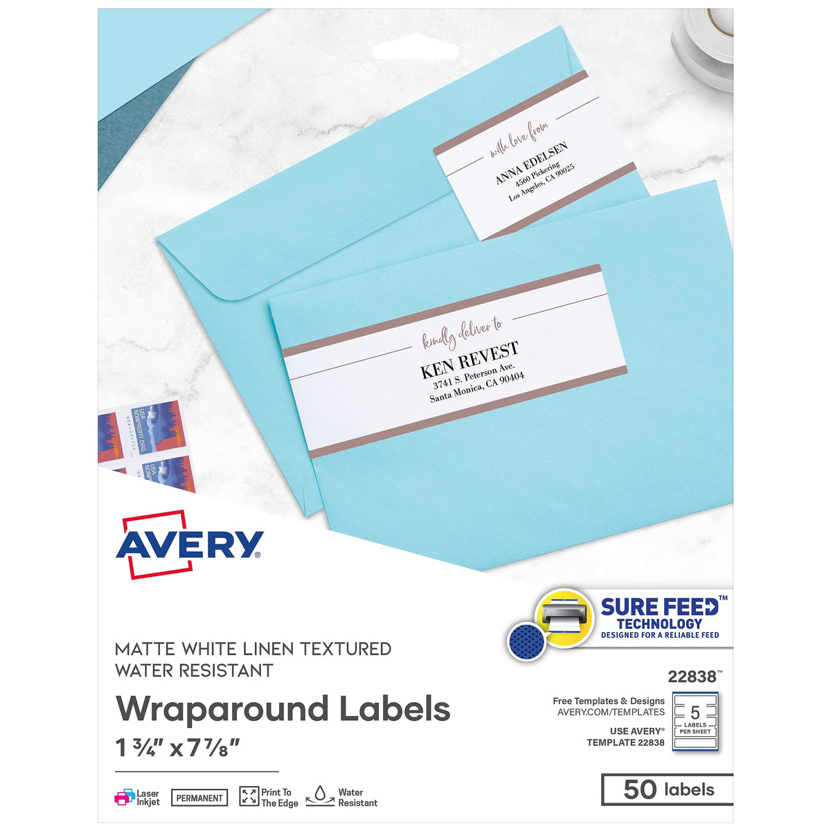 Avery Print-to-the-Edge Laser/Inkjet Labels, 7.85" x 1.75", White, 5 Labels/Sheet, 10 Sheets/Pack, 50 Labels/Pack