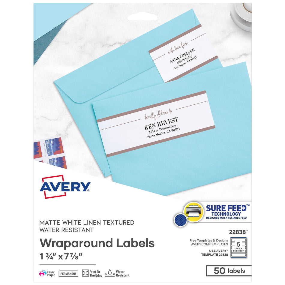 Avery Print-to-the-Edge Laser/Inkjet Labels, 7.85" x 1.75", White, 5 Labels/Sheet, 10 Sheets/Pack, 50 Labels/Pack