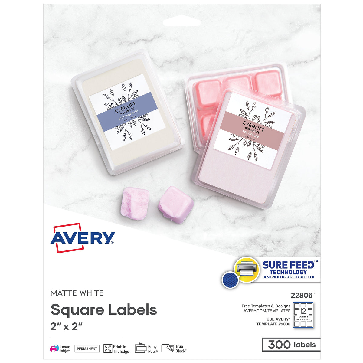 Avery Print-to-the-Edge Laser/Inkjet Square Labels, 2" x 2", White, 12 Labels/Sheet, 25 Sheets/Pack, 300 Labels/Pack