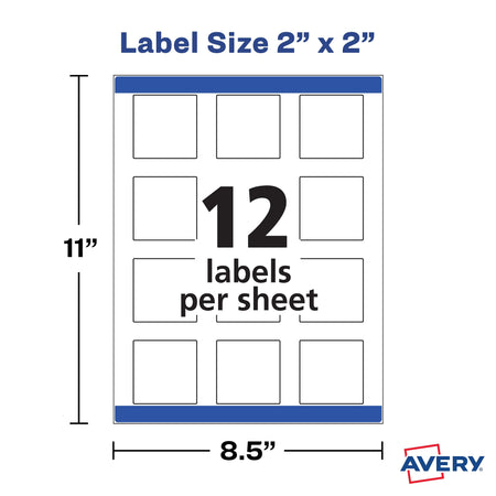 Avery Print-to-the-Edge Laser/Inkjet Square Labels, 2" x 2", White, 12 Labels/Sheet, 25 Sheets/Pack, 300 Labels/Pack