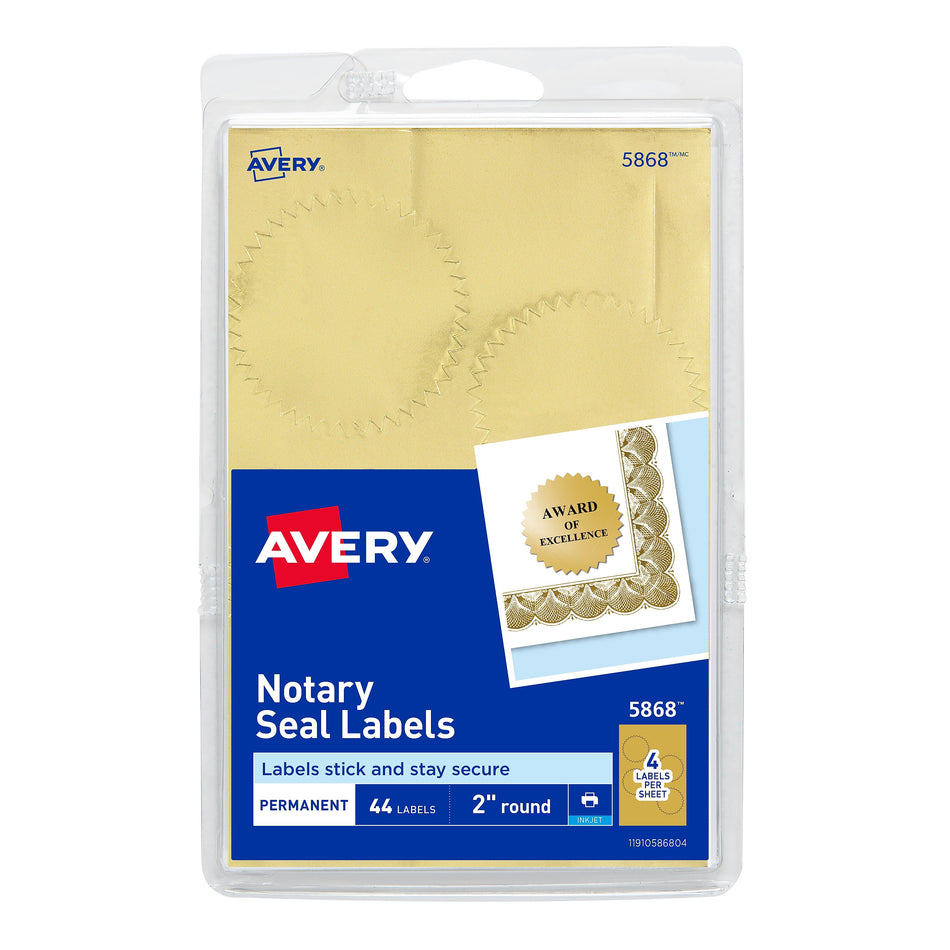 Avery Printable Inkjet Notary Seal Labels, 2" Diameter, Gold Foil, 4 Seals/Sheet, 11 Sheets/Pack, 44 Seals/Pack