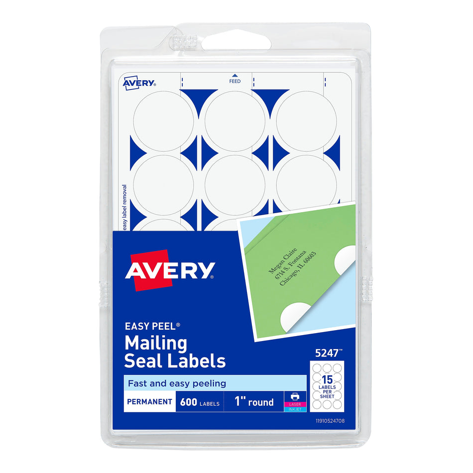 Avery Printable Laser/Inkjet Mailing Seals, 1" Diameter, White, 600 Labels Per Pack