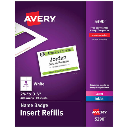 Avery Printable Laser/Inkjet Name Badge Insert Refills, 2 1/4" x 3 1/2", White, 400 Inserts Per Box