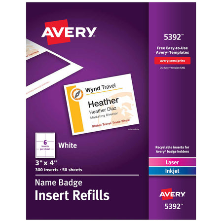 Avery Printable Laser/Inkjet Name Badge Insert Refills, 3" x 4", White, 300 Inserts Per Box