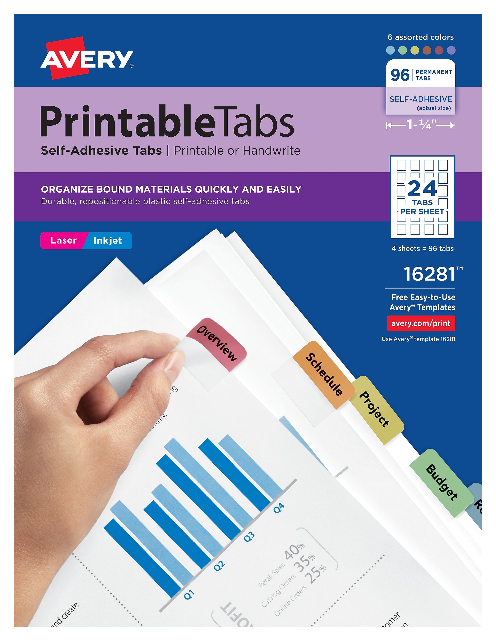 Avery Printable Self-Adhesive Plastic Tabs, 1-1/4