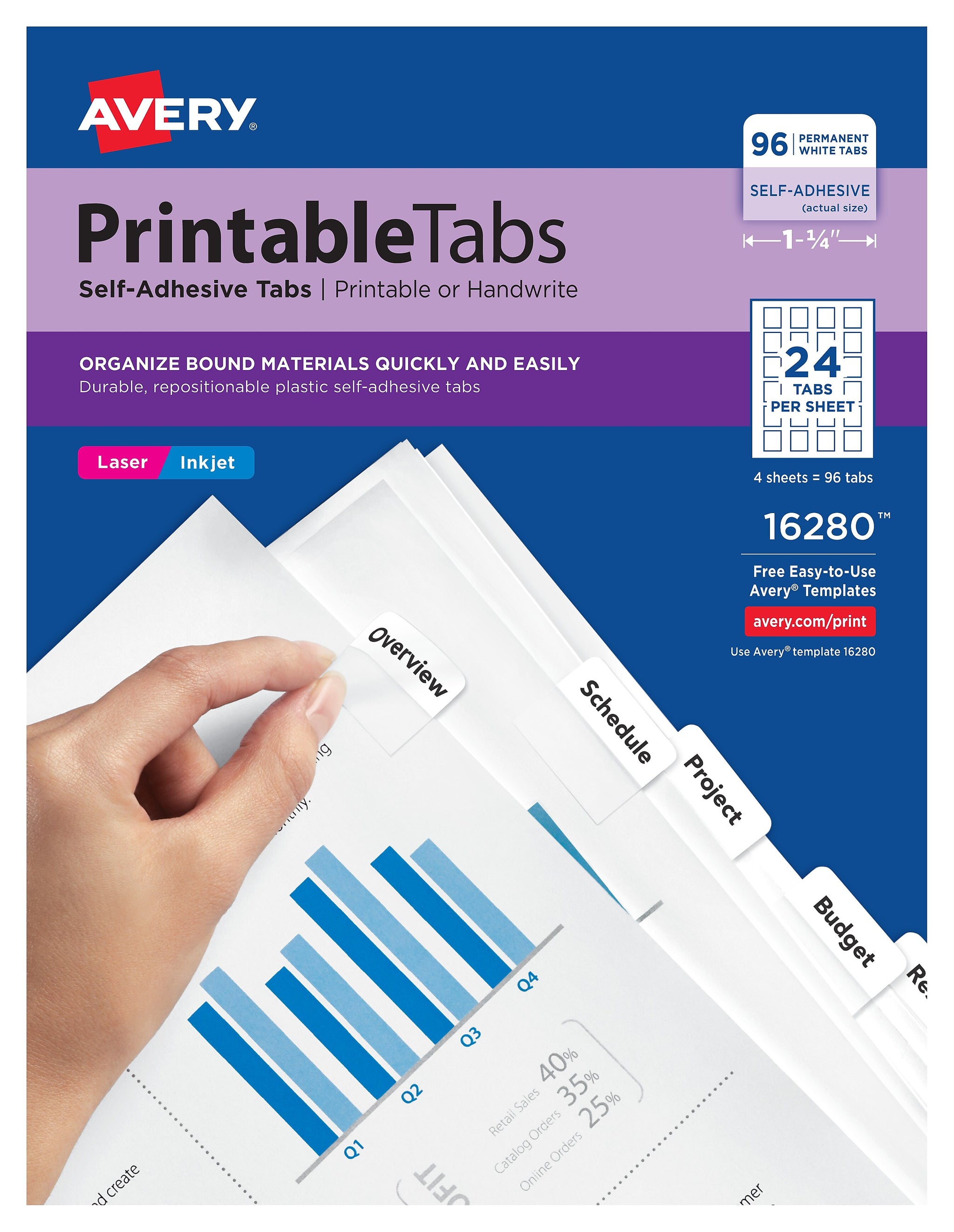 Avery Printable Self-Adhesive Plastic Tabs, 1-1/4