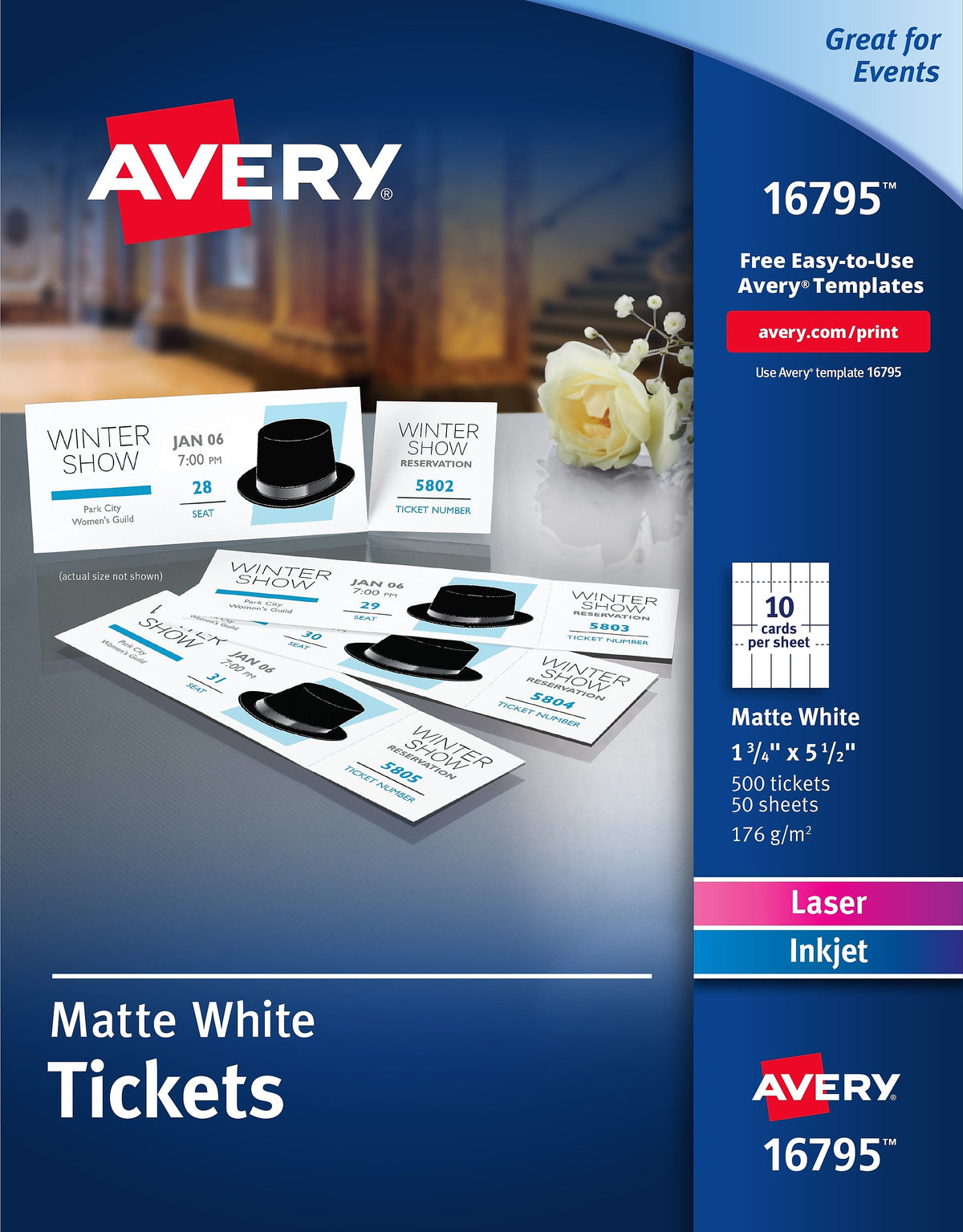 Avery Printable Tickets with Tear-Away Stubs, Matte, 1-3/4" x 5-1/2", 500 Tickets