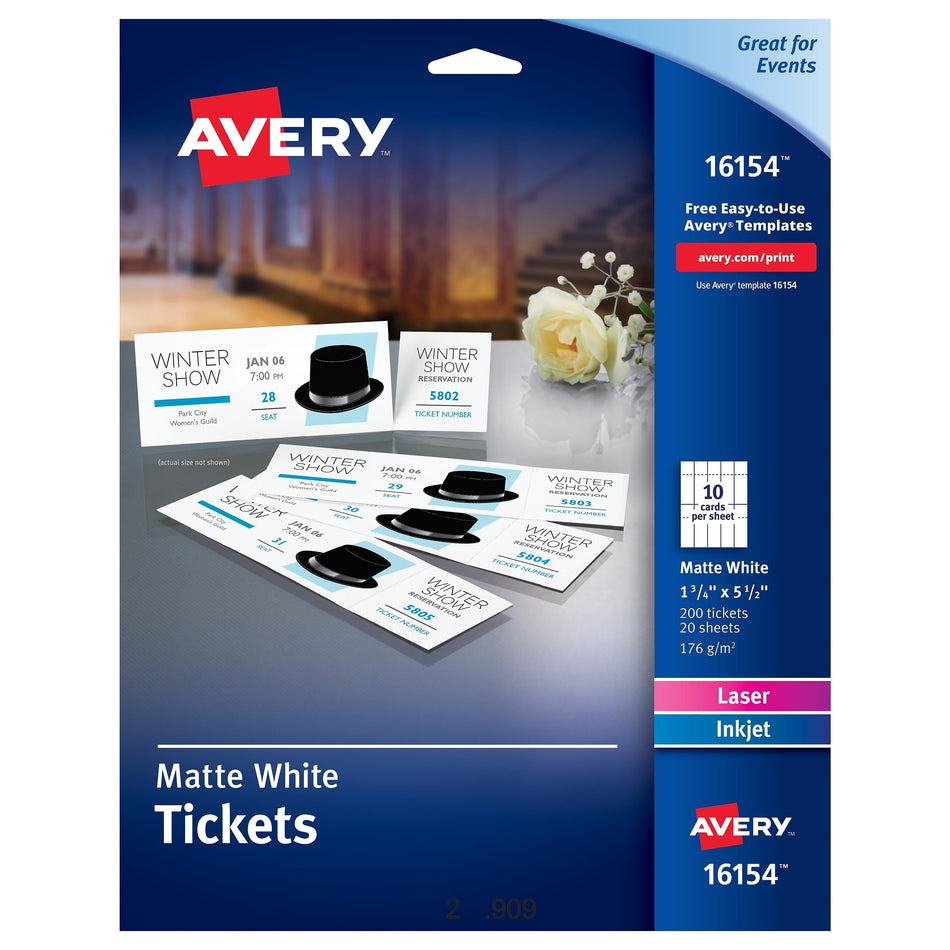 Avery Printable Tickets with Tear-Away Stubs, Matte White, 200/Pack