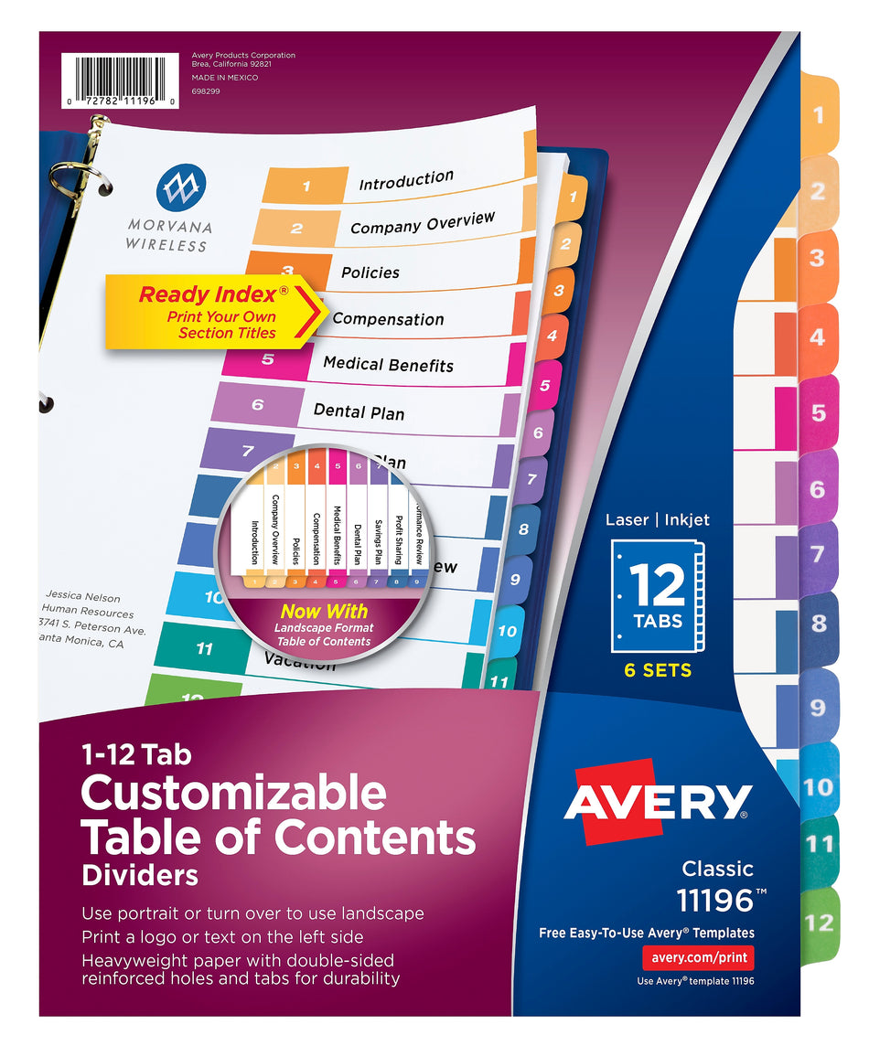 Avery Ready Index Numeric Paper Dividers, 12-Tab, Multicolor, 6/Pack