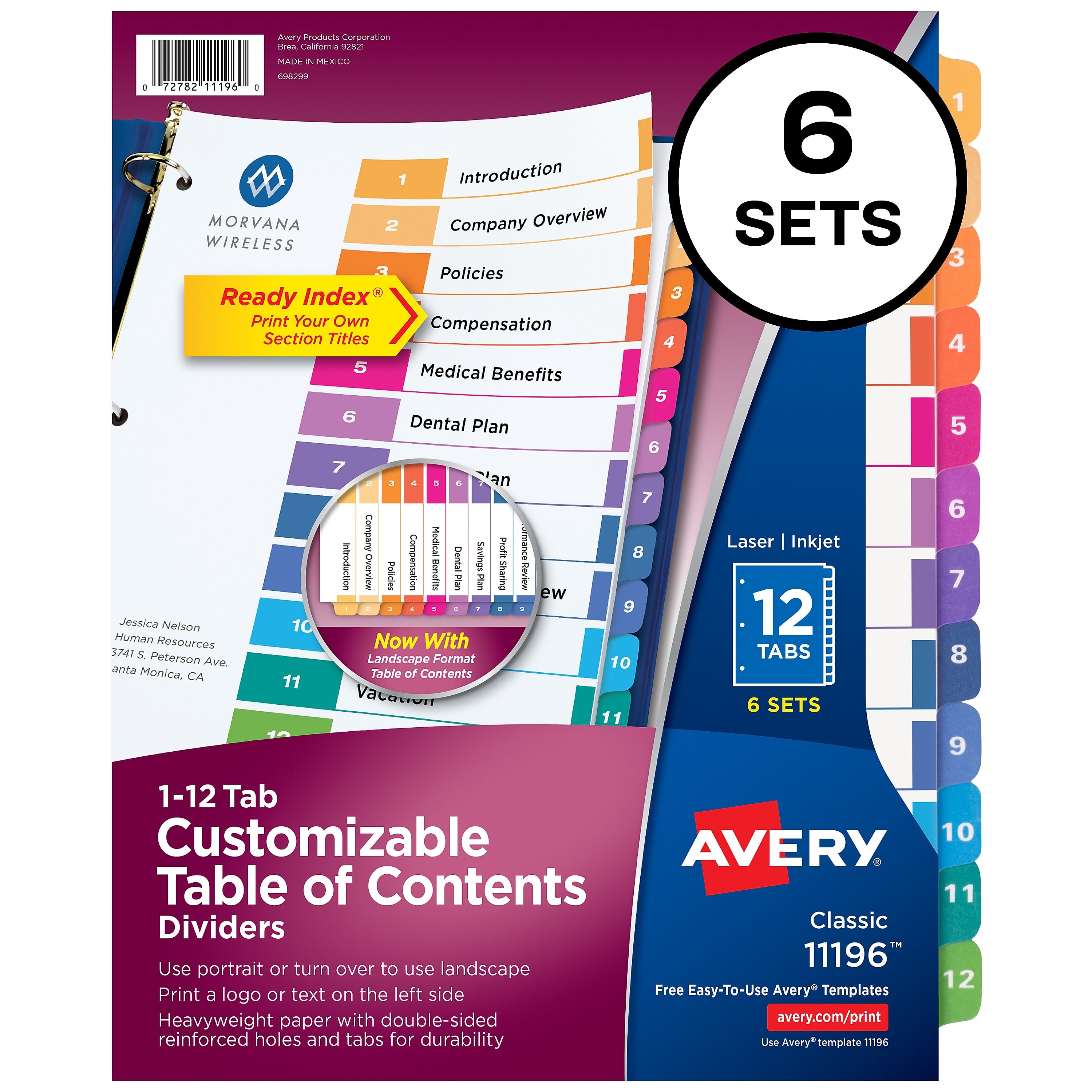 Avery Ready Index Numeric Paper Dividers, 12-Tab, Multicolor, 6/Pack