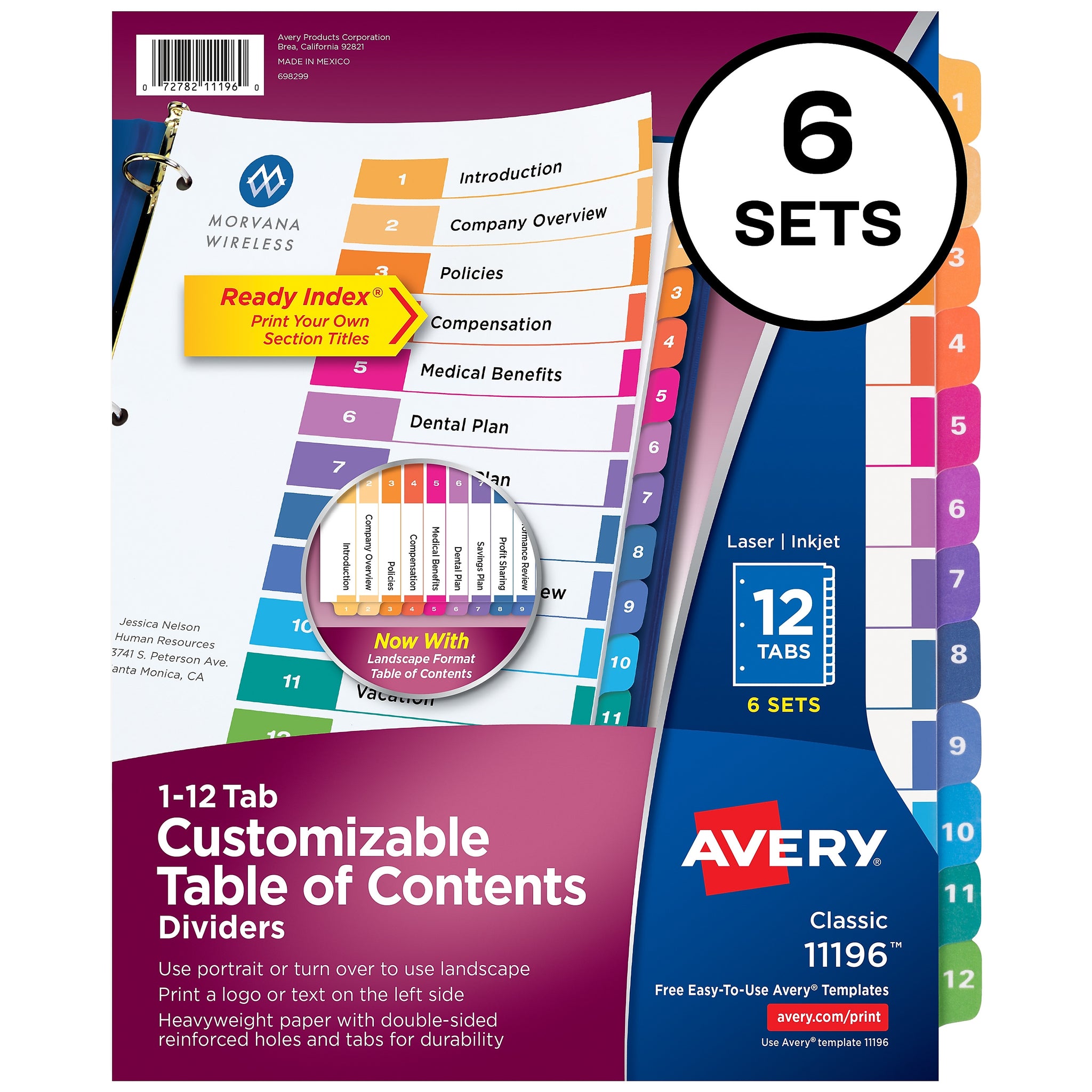 Avery Ready Index Numeric Paper Dividers, 12-Tab, Multicolor, 6/Pack