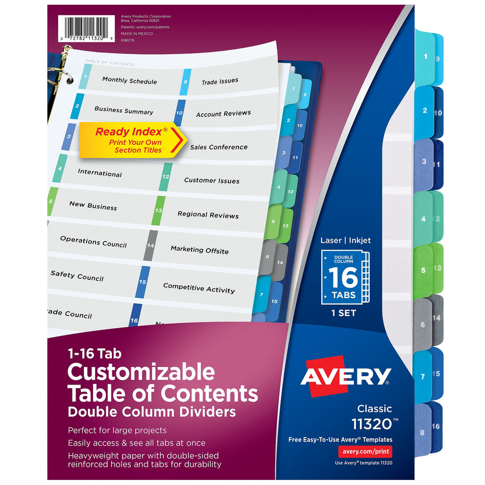 Avery Ready Index Table of Contents Double Column Paper Dividers, 1-16 Tabs, Multicolor