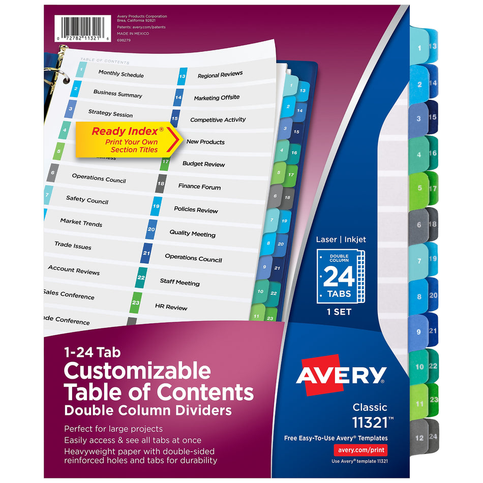 Avery Ready Index Table of Contents Double Column Paper Dividers, 1-24 Tabs, Multicolor