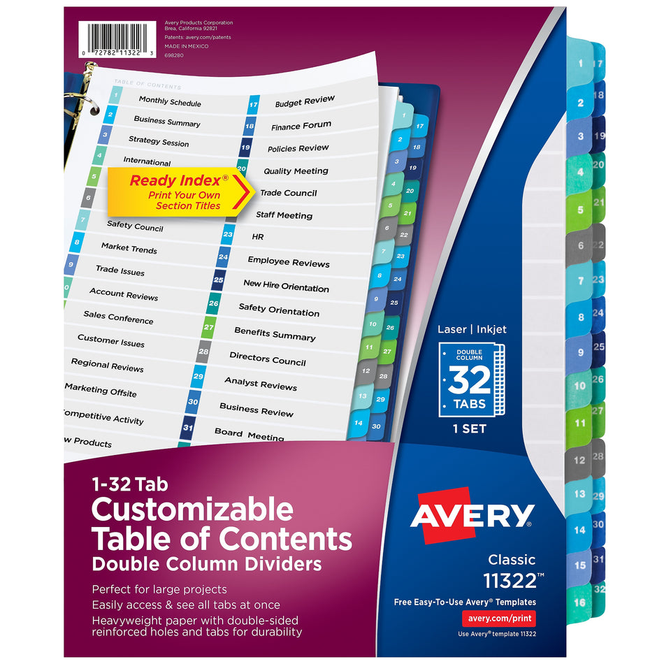 Avery Ready Index Table of Contents Double Column Paper Dividers, 1-32 Tabs, Multicolor