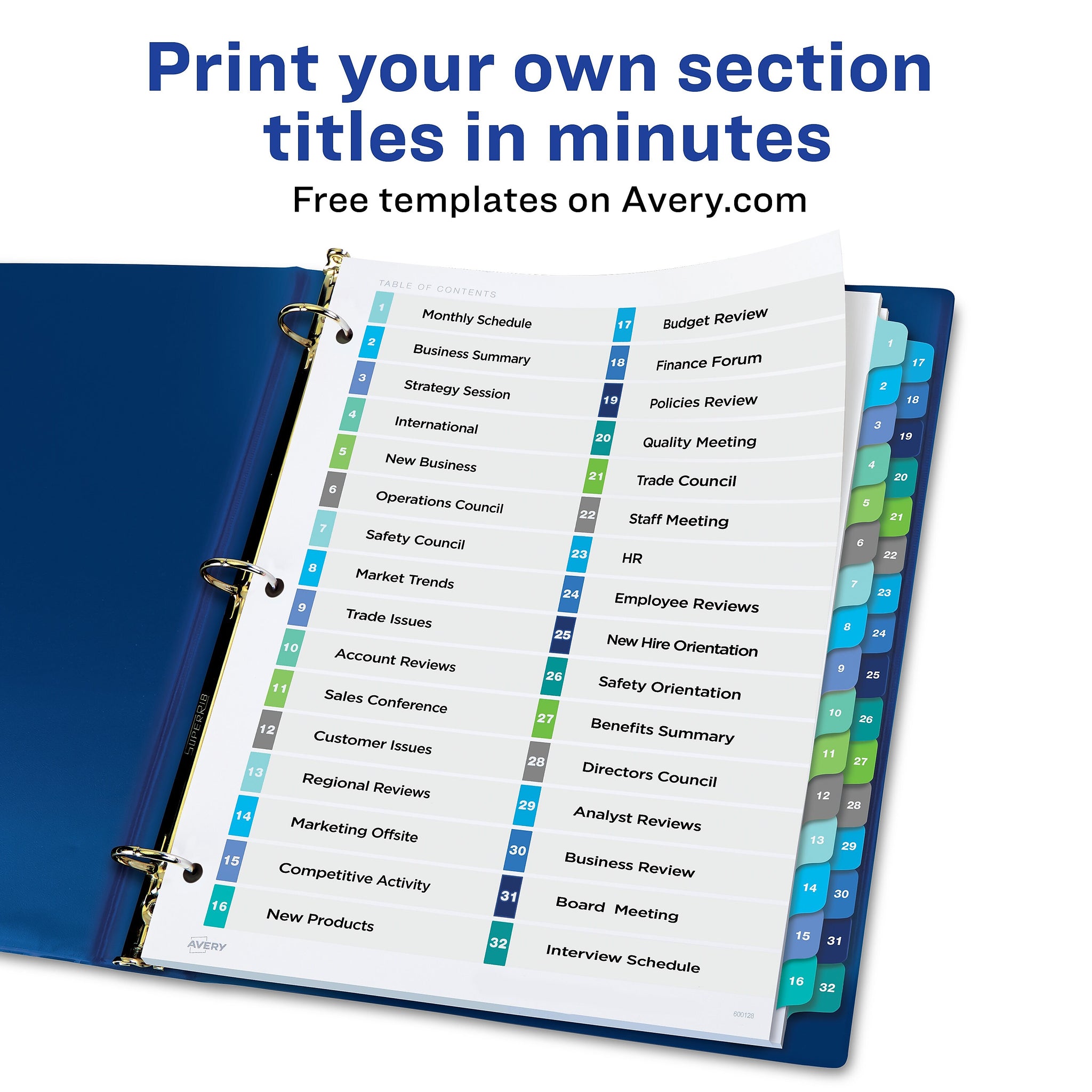Avery Ready Index Table of Contents Double Column Paper Dividers, 1-32 Tabs, Multicolor