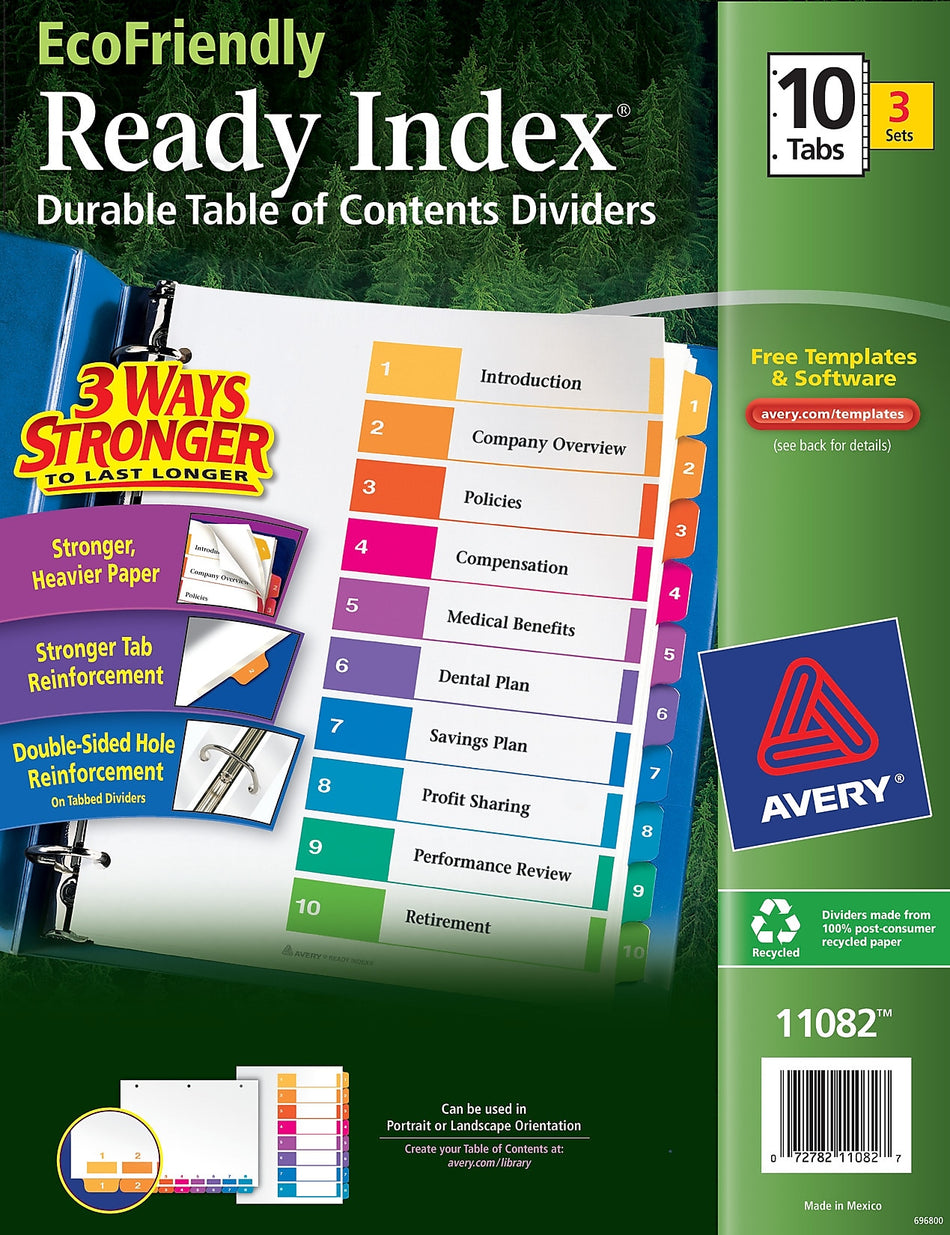 Avery Ready Index Table of Contents EcoFriendly Paper Dividers, 1-10 Tabs, Multicolor, 3 Sets/Pack