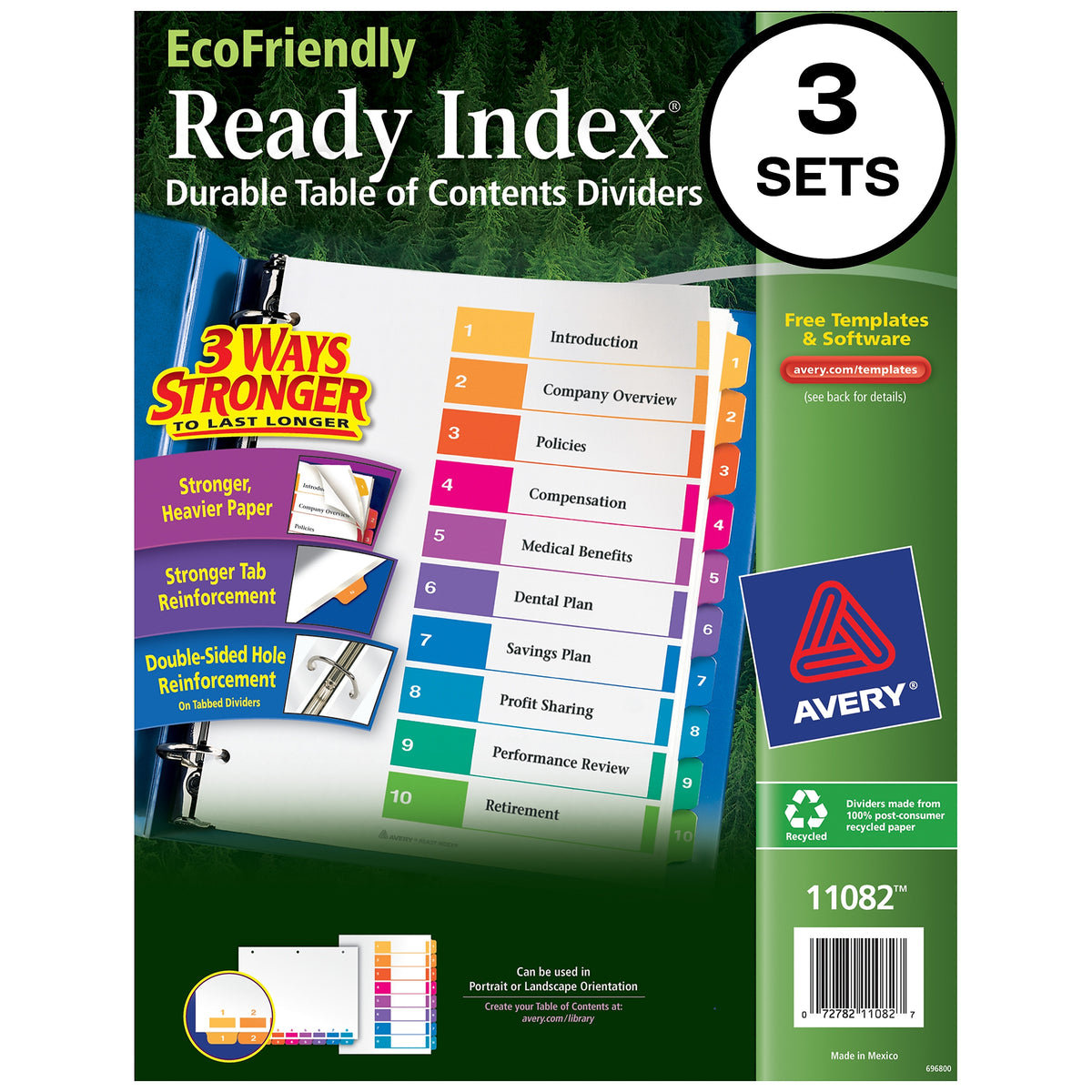 Avery Ready Index Table of Contents EcoFriendly Paper Dividers, 1-10 Tabs, Multicolor, 3 Sets/Pack