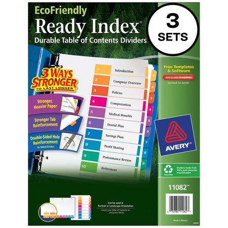 Avery Ready Index Table of Contents EcoFriendly Paper Dividers, 1-10 Tabs, Multicolor, 3 Sets/Pack