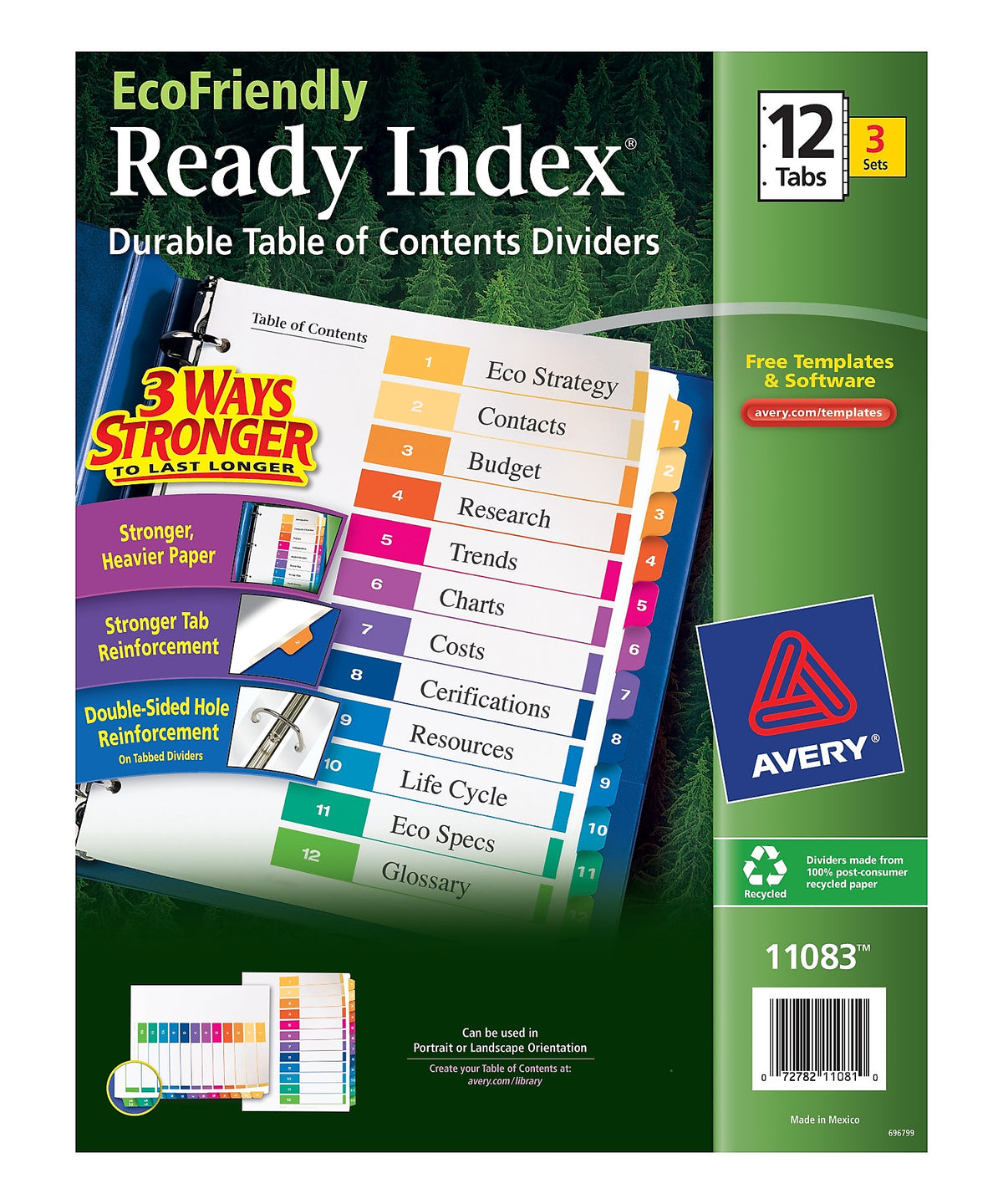 Avery Ready Index Table of Contents EcoFriendly Paper Dividers, 1-12 Tabs, Multicolor, 3 Sets/Pack