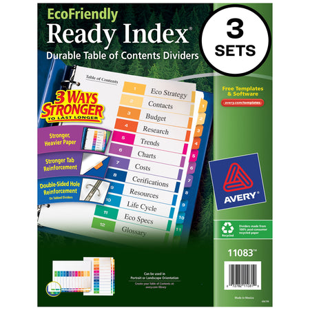 Avery Ready Index Table of Contents EcoFriendly Paper Dividers, 1-12 Tabs, Multicolor, 3 Sets/Pack