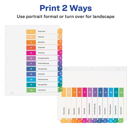 Avery Ready Index Table of Contents EcoFriendly Paper Dividers, 1-12 Tabs, Multicolor, 3 Sets/Pack