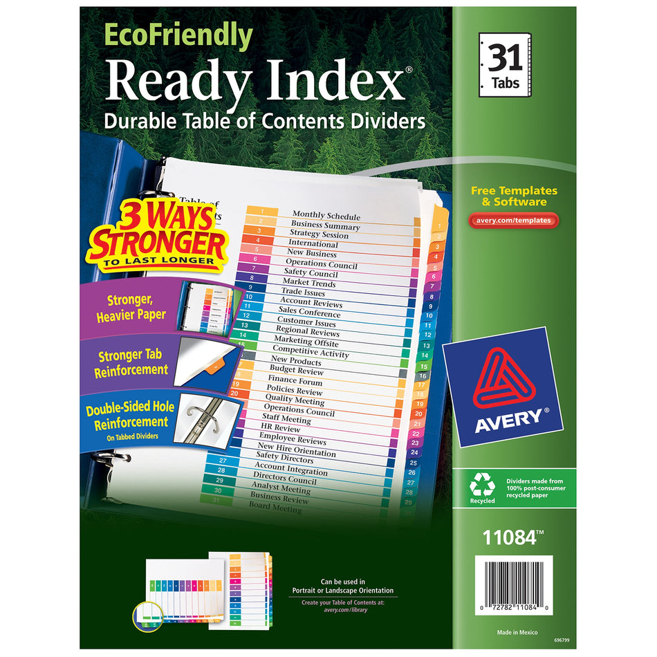 Avery Ready Index Table of Contents EcoFriendly Paper Dividers, 1-31 Tabs, Multicolor