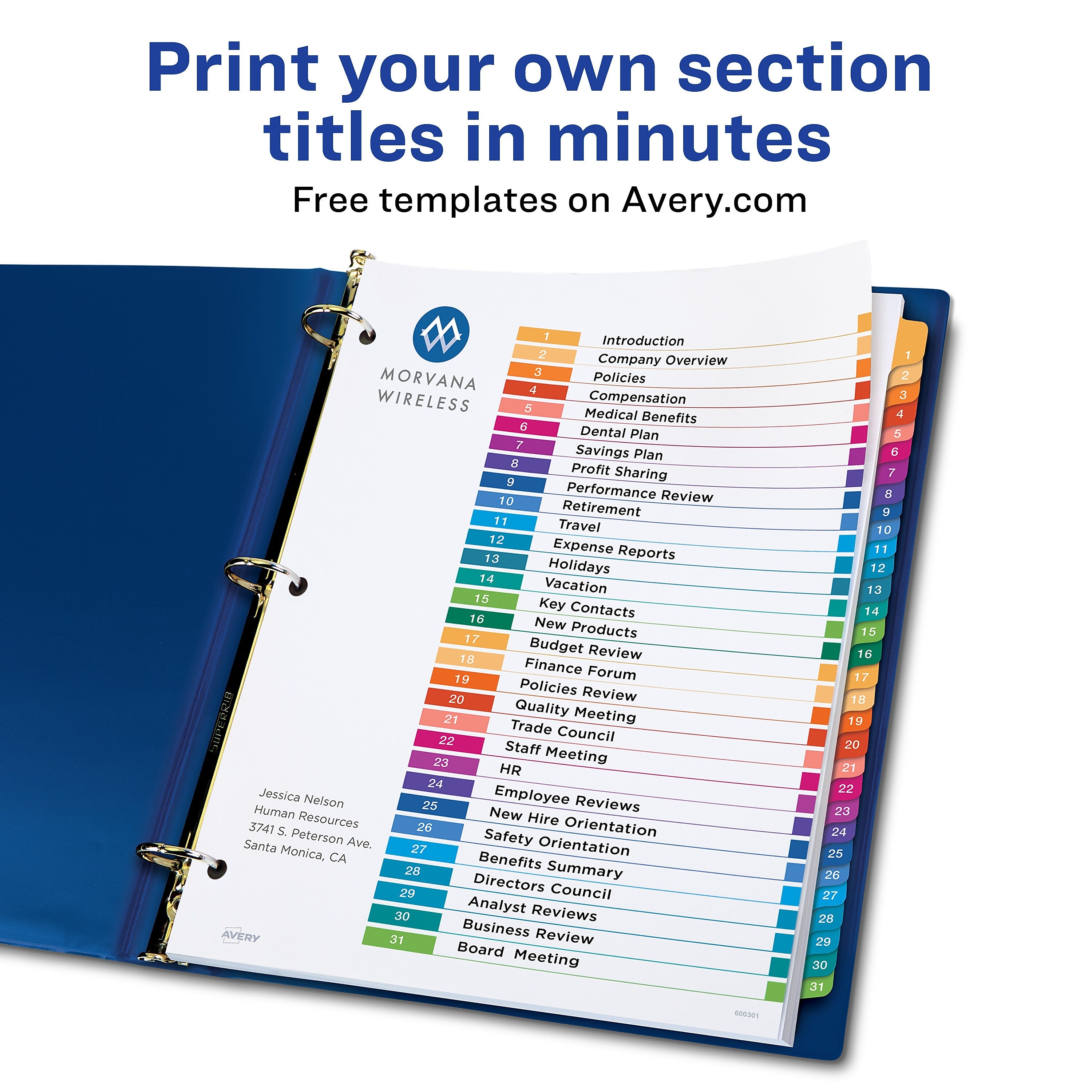 Avery Ready Index Table of Contents EcoFriendly Paper Dividers, 1-31 Tabs, Multicolor