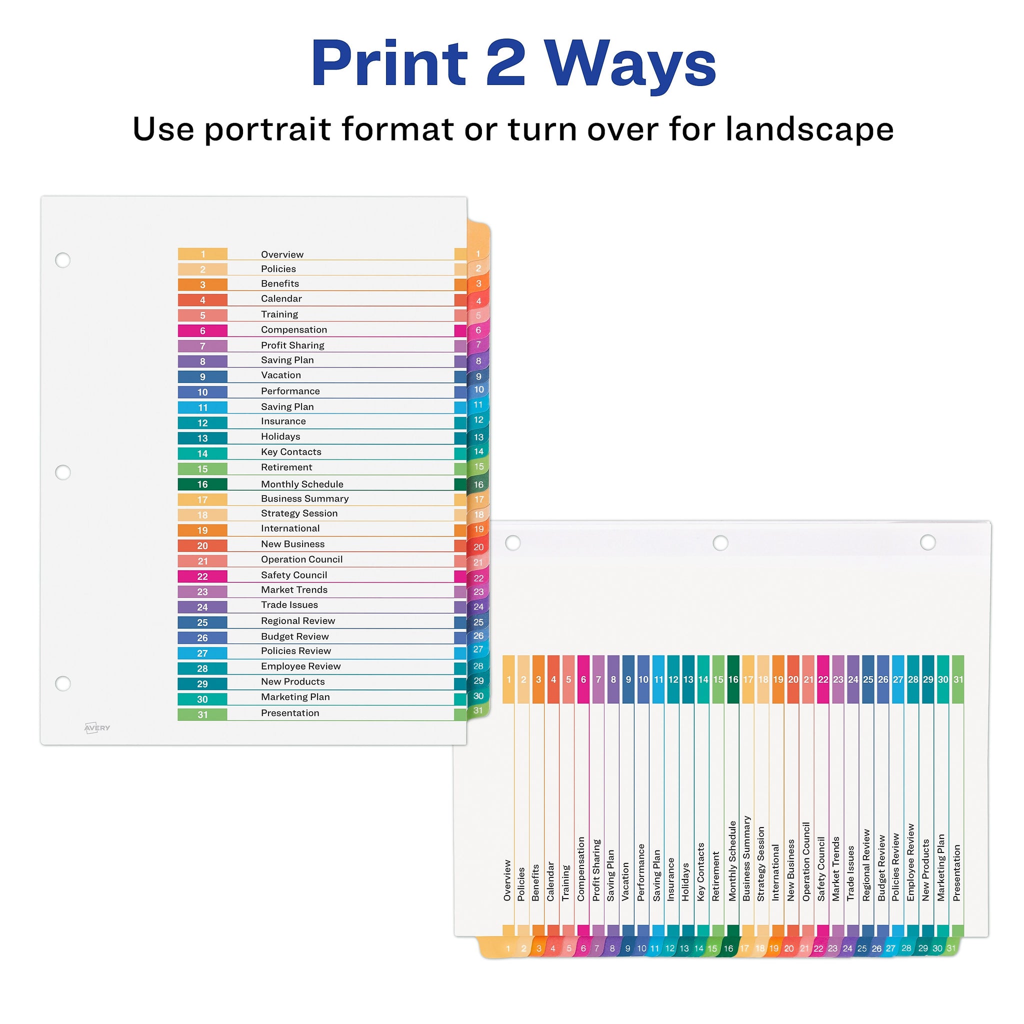 Avery Ready Index Table of Contents EcoFriendly Paper Dividers, 1-31 Tabs, Multicolor