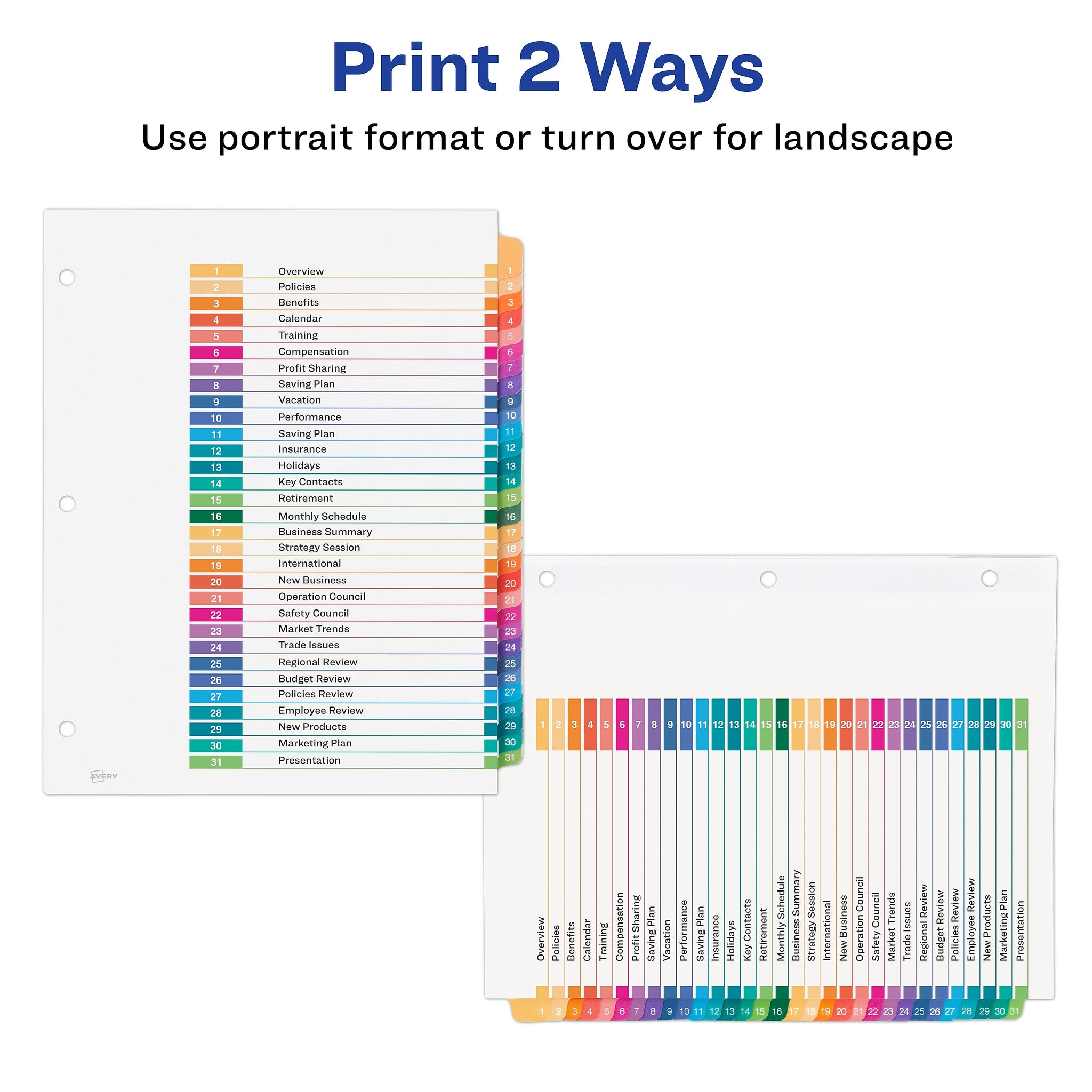 Avery Ready Index Table of Contents EcoFriendly Paper Dividers, 1-31 Tabs, Multicolor