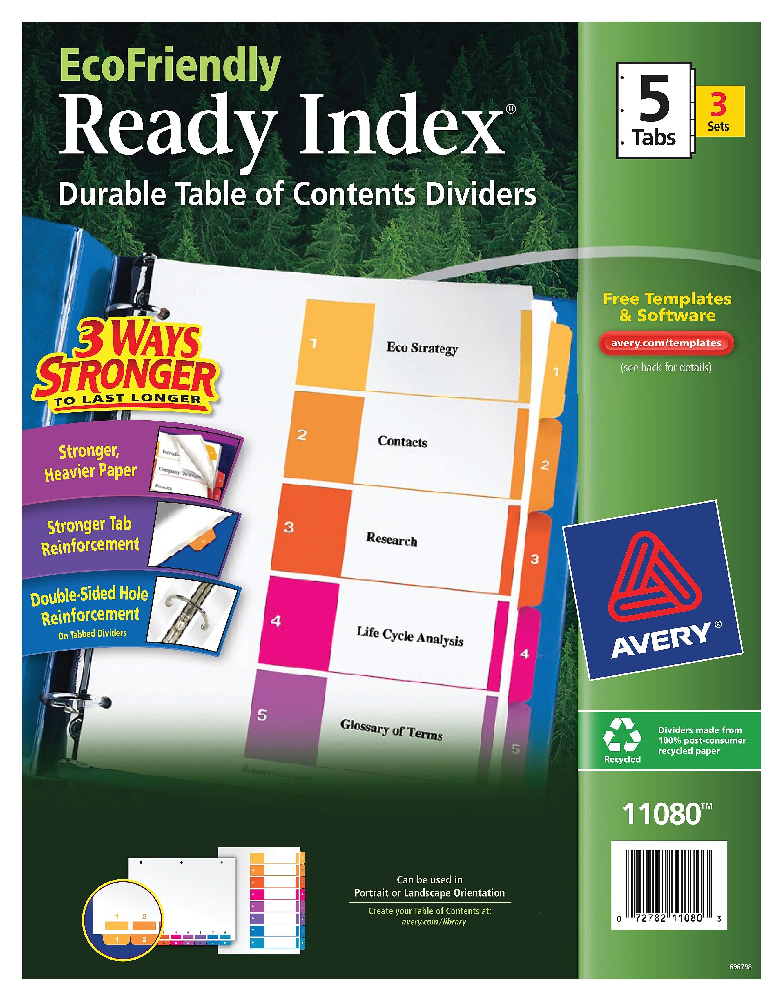 Avery Ready Index Table of Contents EcoFriendly Paper Dividers, 1-5 Tabs, Multicolor, 3 Sets/Pack