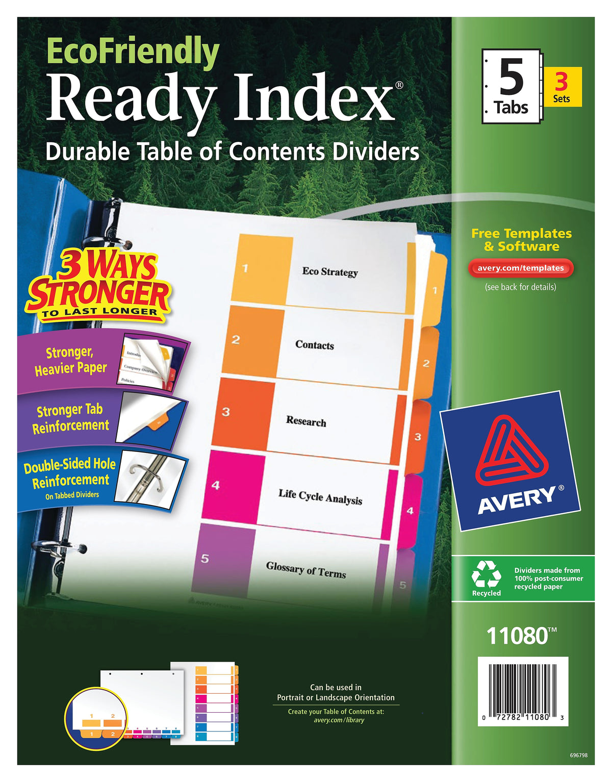 Avery Ready Index Table of Contents EcoFriendly Paper Dividers, 1-5 Tabs, Multicolor, 3 Sets/Pack