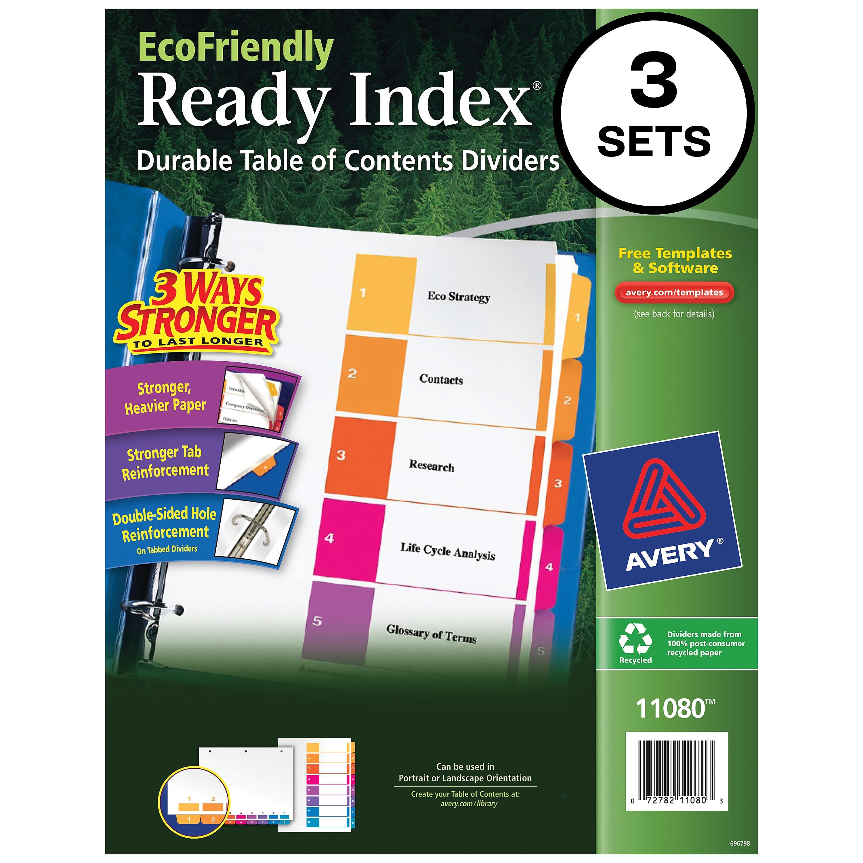 Avery Ready Index Table of Contents EcoFriendly Paper Dividers, 1-5 Tabs, Multicolor, 3 Sets/Pack