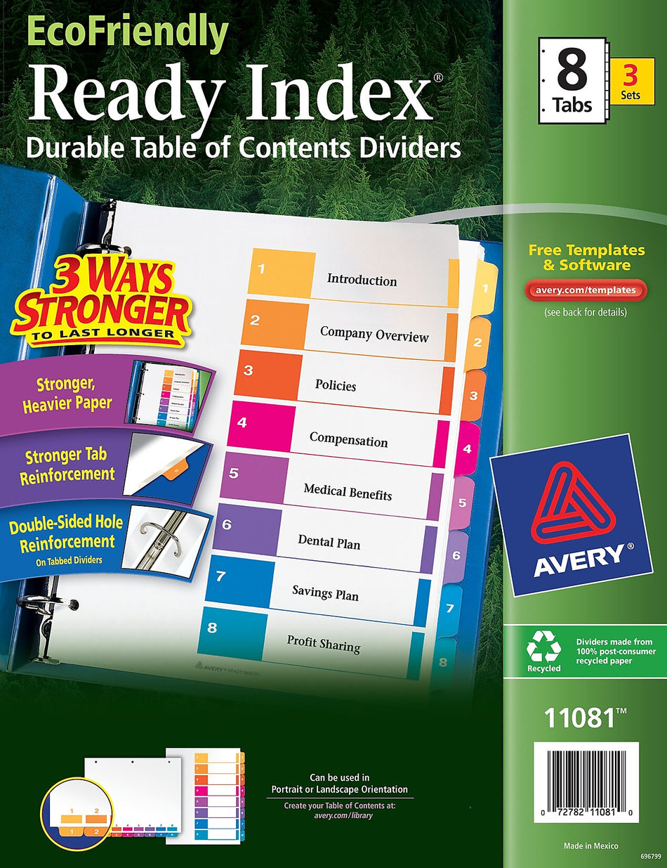 Avery Ready Index Table of Contents EcoFriendly Paper Dividers, 1-8 Tabs, Multicolor, 3 Sets/Pack