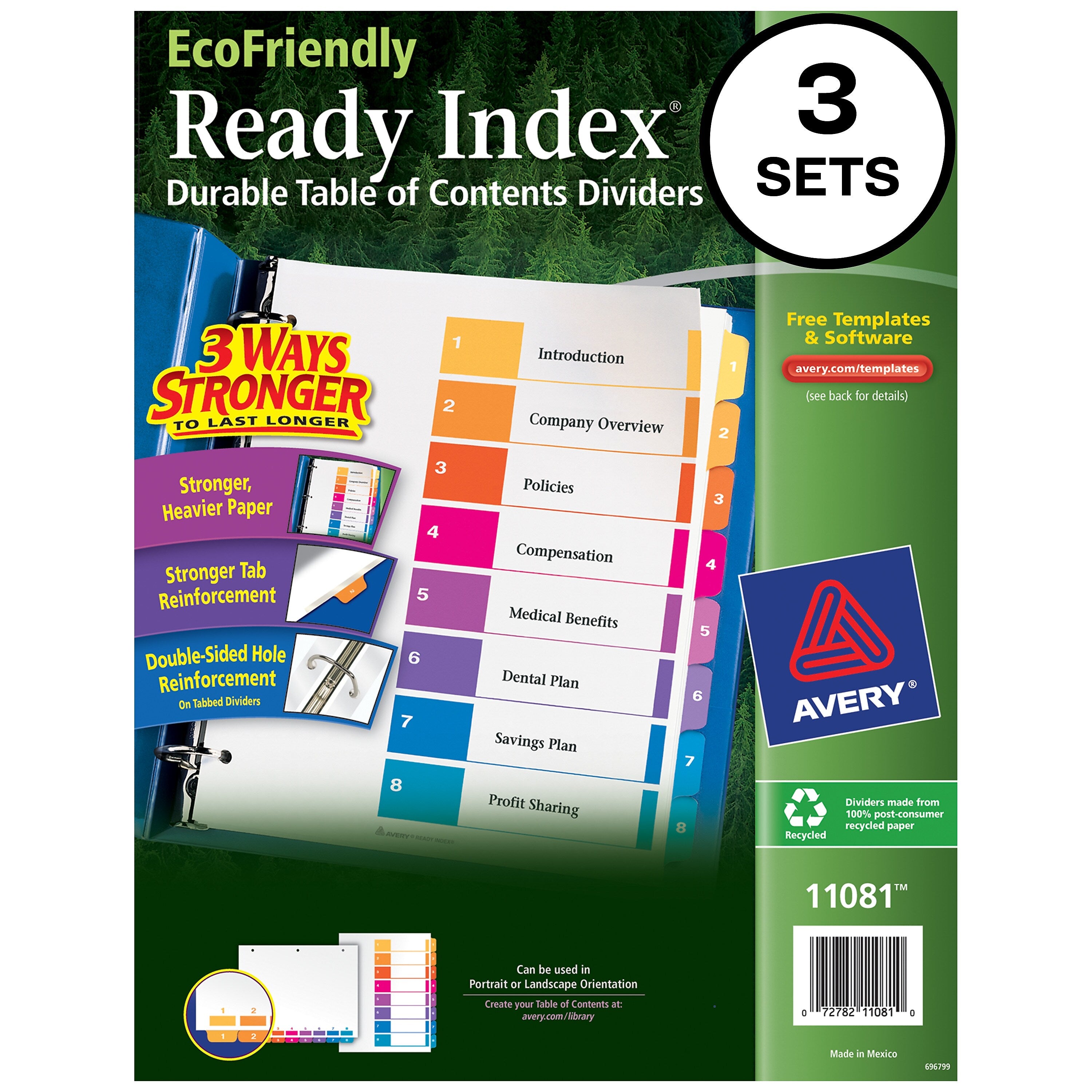 Avery Ready Index Table of Contents EcoFriendly Paper Dividers, 1-8 Tabs, Multicolor, 3 Sets/Pack