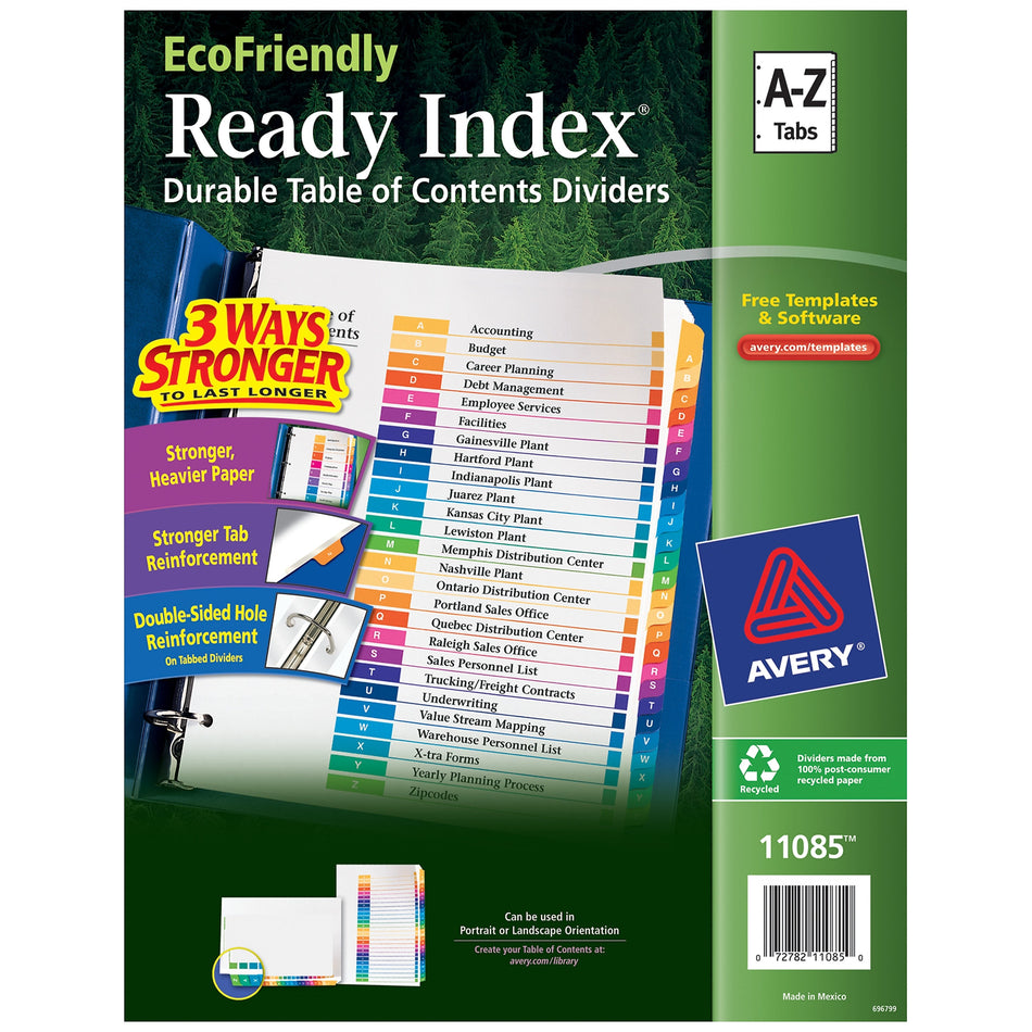 Avery Ready Index Table of Contents EcoFriendly Paper Dividers, A-Z Tabs, Multicolor