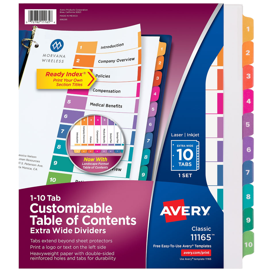 Avery Ready Index Table of Contents Extra-Wide Paper Dividers, 1-10 Tab, Multicolor