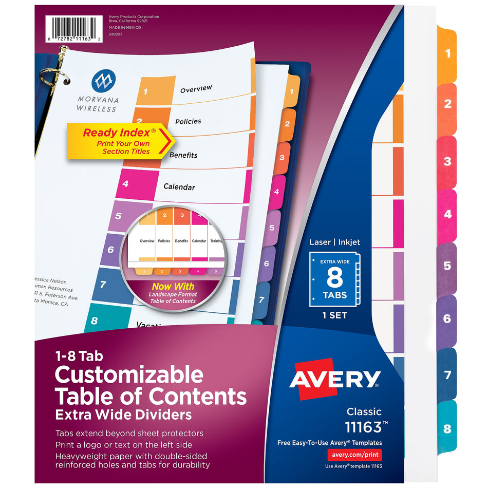 Avery Ready Index Table of Contents Extra-Wide Paper Dividers, 1-8 Tab, Multicolor