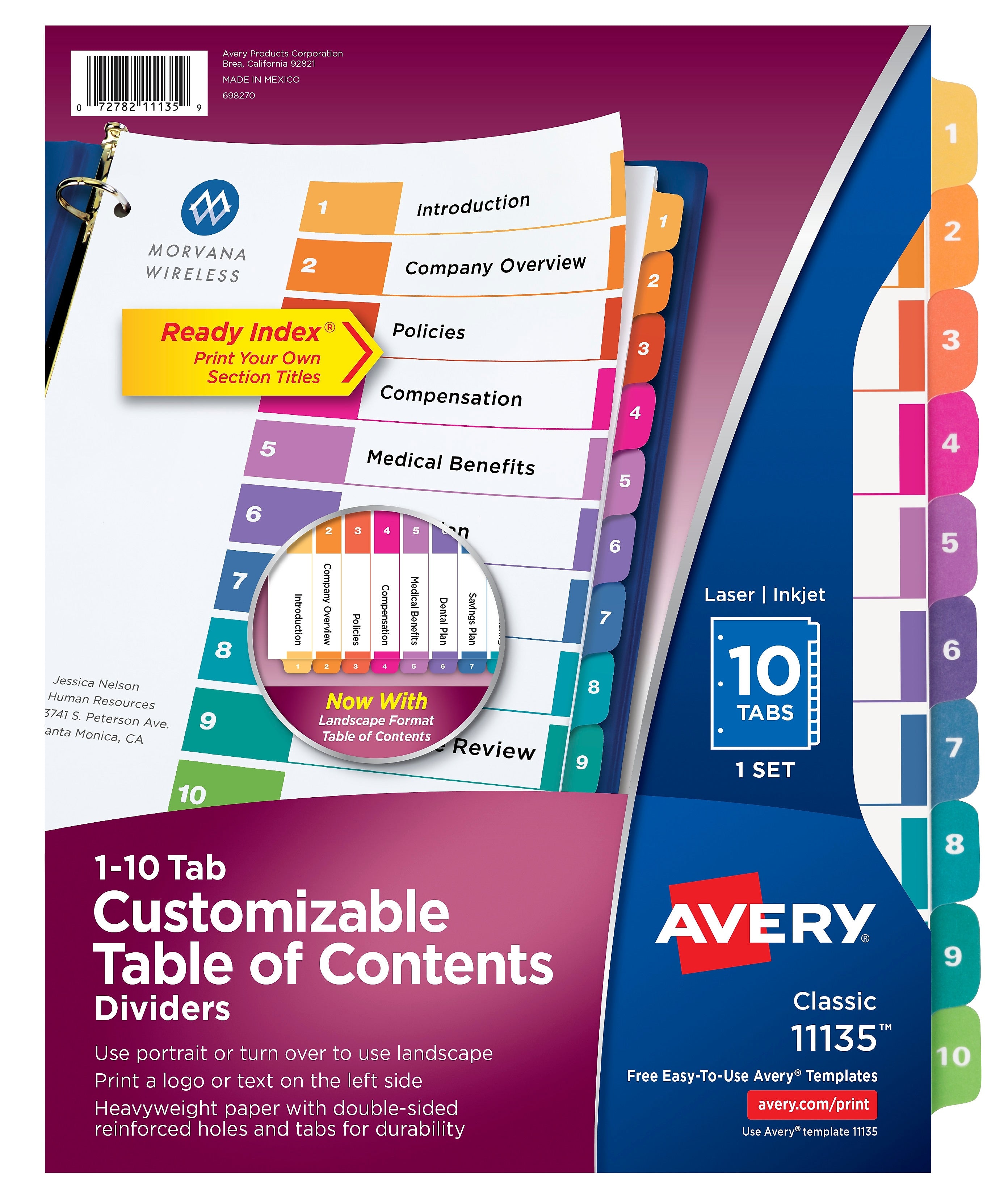 Avery Ready Index Table of Contents Paper Dividers, 1-10 Tabs, Multicolor