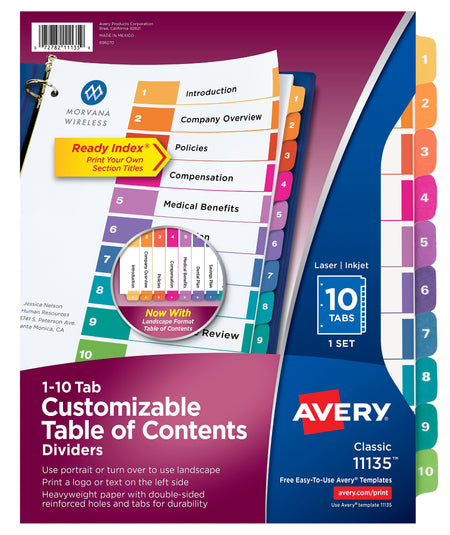 Avery Ready Index Table of Contents Paper Dividers, 1-10 Tabs, Multicolor