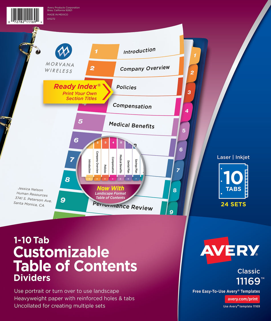 Avery Ready Index Table of Contents Paper Dividers, 1-10 Tabs, Multicolor, 24 Sets/Box