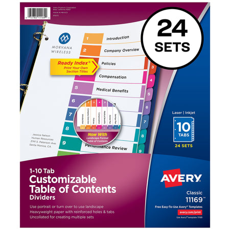 Avery Ready Index Table of Contents Paper Dividers, 1-10 Tabs, Multicolor, 24 Sets/Box