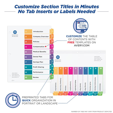 Avery Ready Index Table of Contents Paper Dividers, 1-10 Tabs, Multicolor
