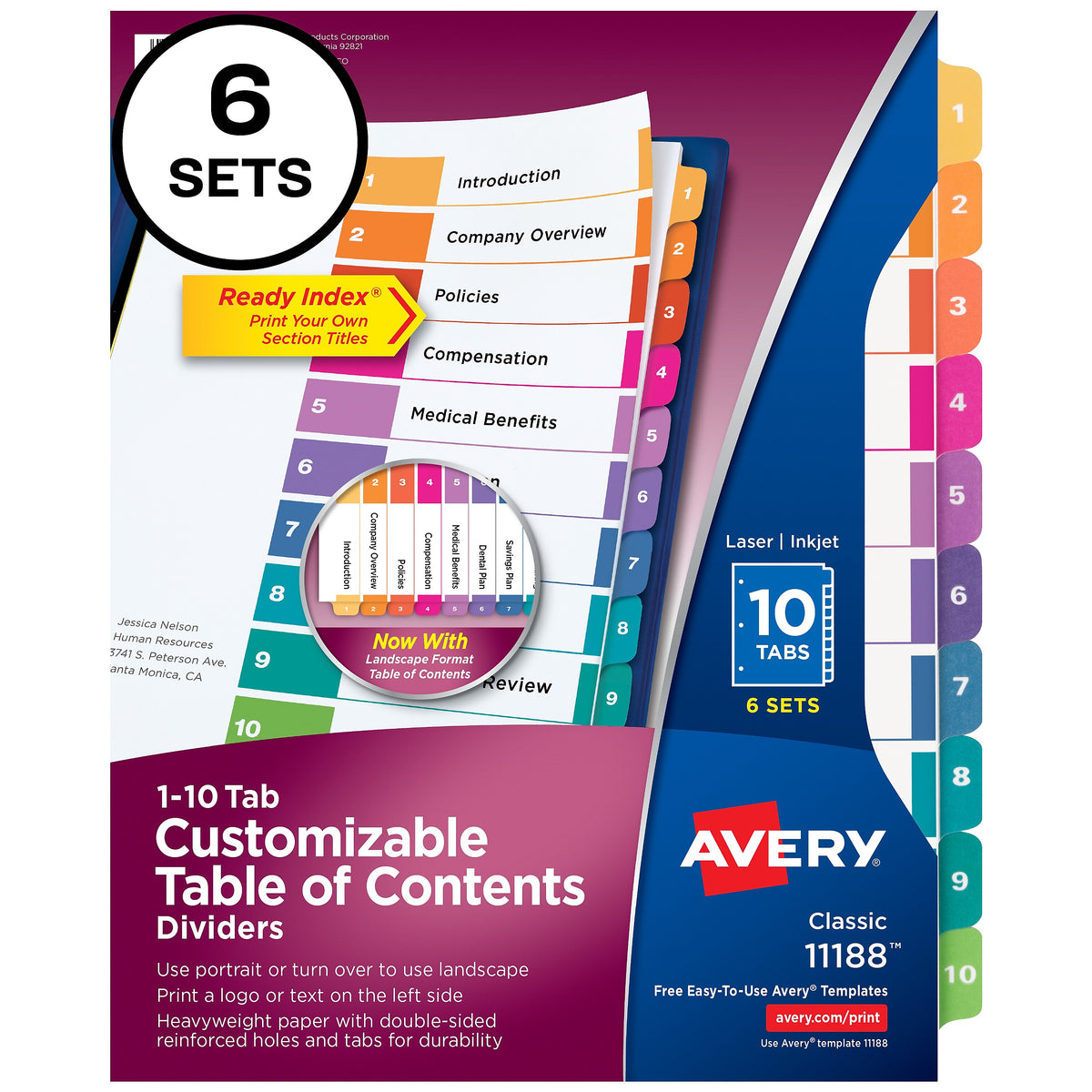 Avery Ready Index Table of Contents Paper Dividers, 1-10 Tabs, Multicolor, 6 Sets/Pack