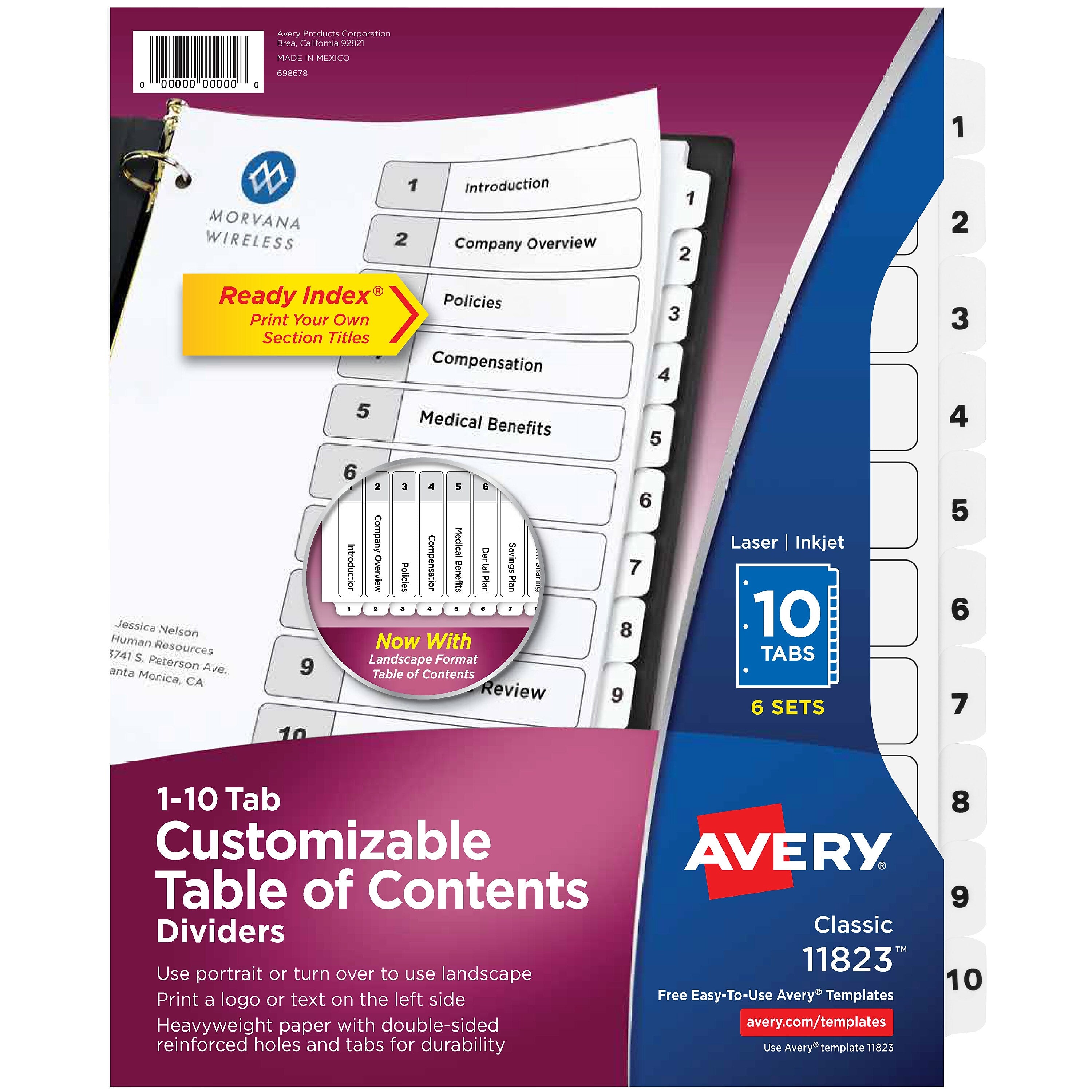 Avery Ready Index Table of Contents Paper Dividers, 1-10 Tabs, White, 6 Sets/Pack