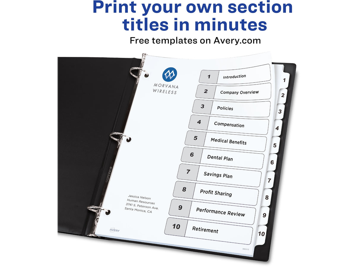 Avery Ready Index Table of Contents Paper Dividers, 1-10 Tabs, White, 6 Sets/Pack