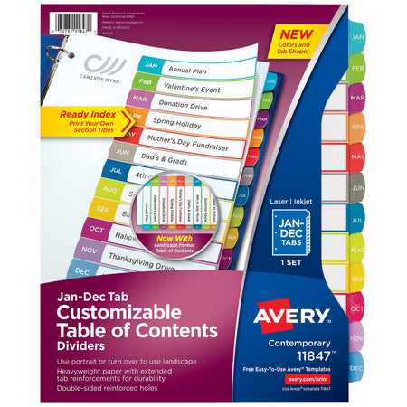 Avery Ready Index Table of Contents Paper Dividers, 1-12 Tabs, Contemporary Multicolor