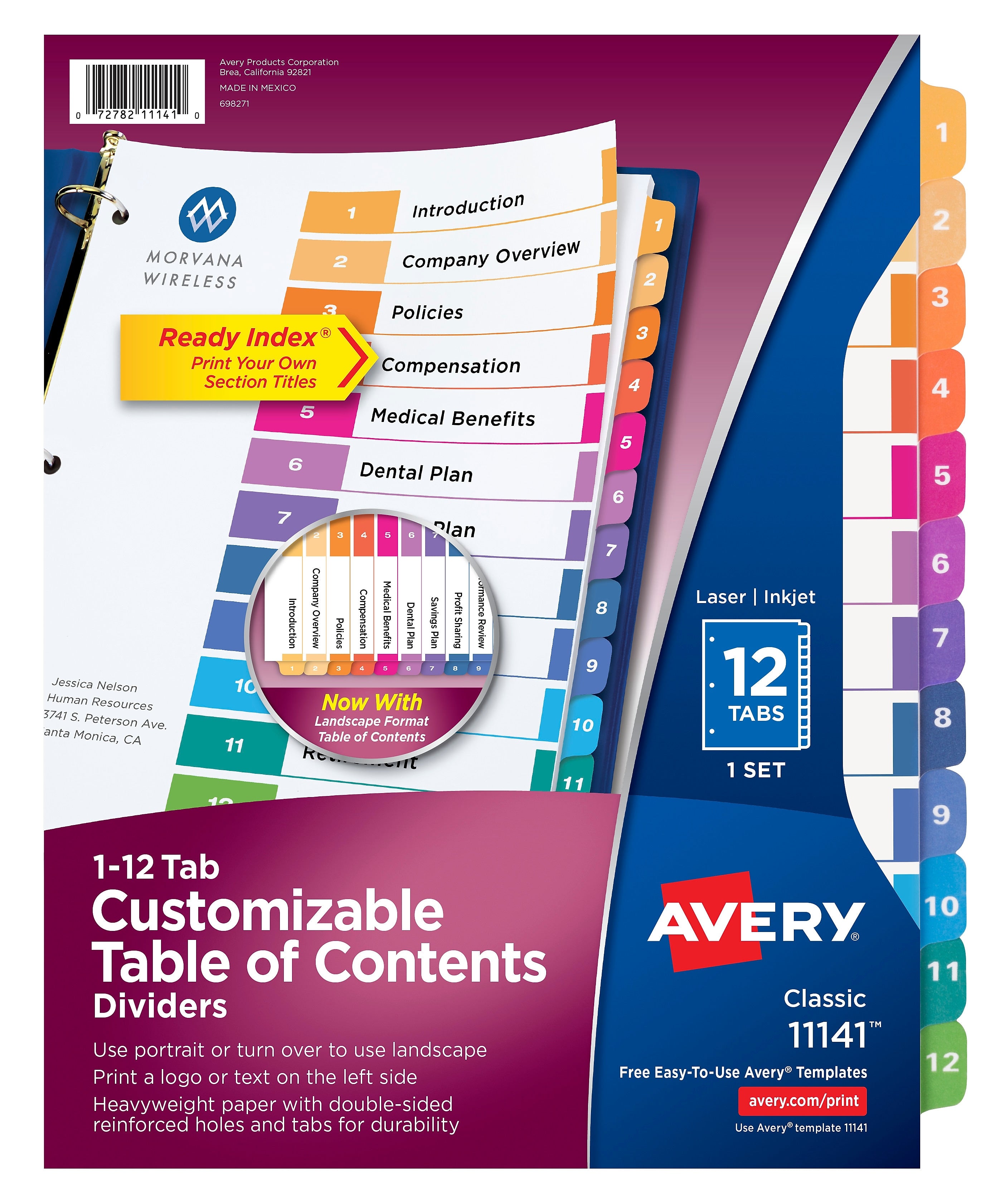 Avery Ready Index Table of Contents Paper Dividers, 1-12 Tabs, Multicolor