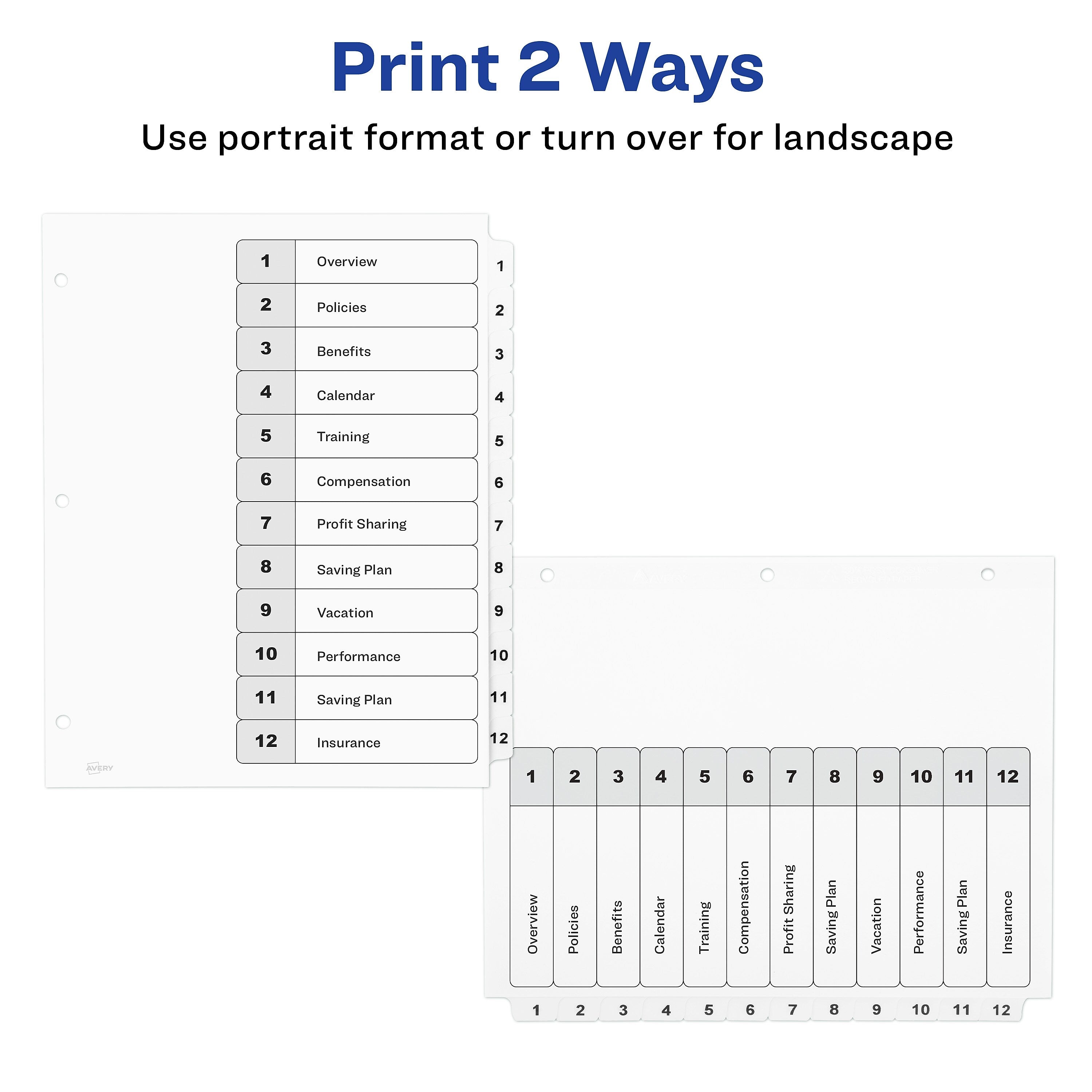 Avery Ready Index Table of Contents Paper Dividers, 1-12 Tabs, White